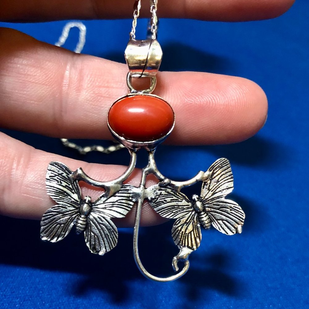 Butterfly Red Coral 925 Stamped Sterling Silver Plated Necklace.